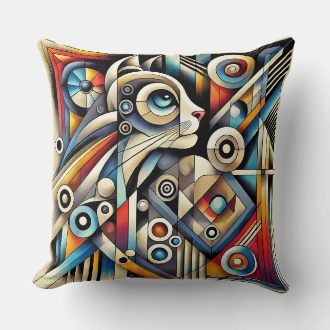 Cat with Bold Geometric Patterns and Colors Throw Pillow (Front)
