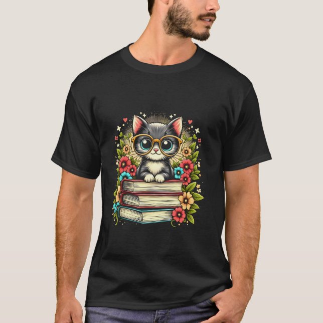 Cat With Books Flowers For Cute Cat Book Lover T S T-Shirt (Front)