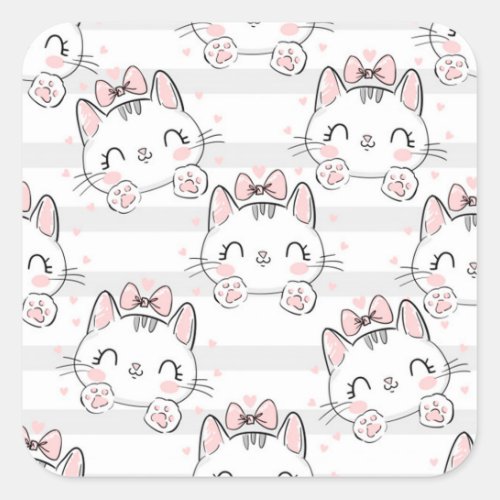 cat with bow pattern square sticker