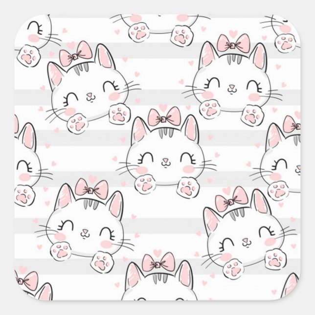 cat with bow pattern square sticker (Front)