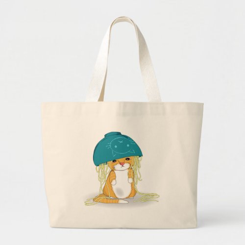 Cat with bowl of spagetti over the head large tote bag