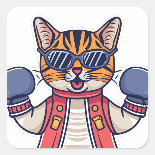 Cat with Boxing Gloves Square Sticker (Front)