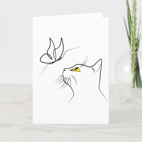 Cat With Butterfly Abstract Minimalistic Lineart Holiday Card