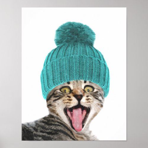 Cat with cap cute animal portrait poster