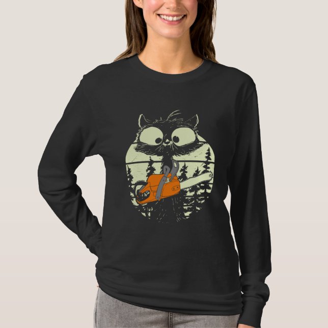 Cat With Chainsaw Cute Lumberjack Forester Cat T-Shirt (Front)