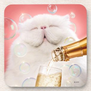 Cat With Champagne Beverage Coaster
