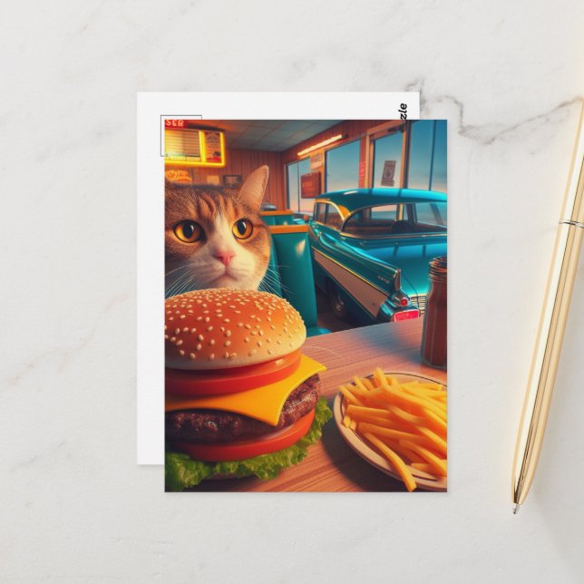 Cat With Cheeseburger and Fries at the Retro Diner Postcard (Front/Back In Situ)