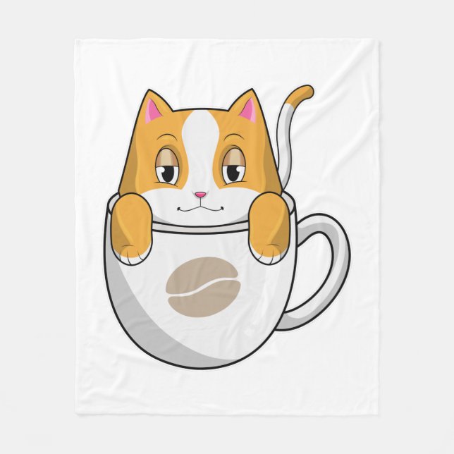 Cat with Coffee Cup Fleece Blanket (Front)