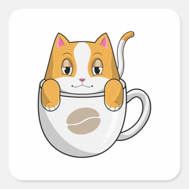 Cat with Coffee Cup Square Sticker (Front)