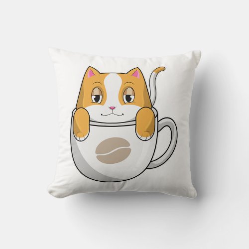 Cat with Coffee Cup Throw Pillow