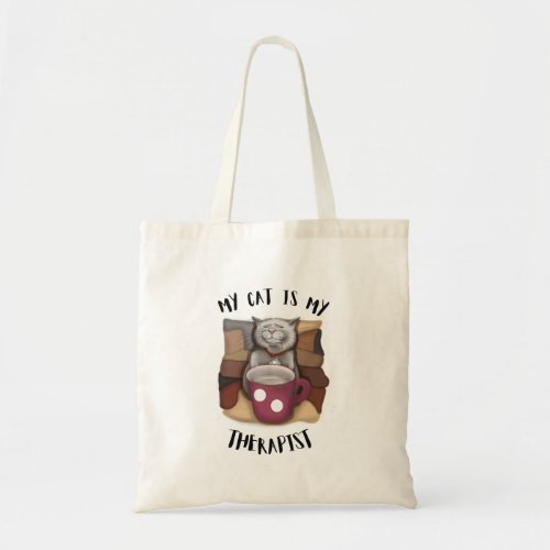 Cat with coffee mug and funny saying tote bag