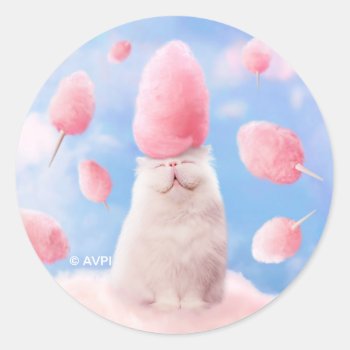 Cat With Cotton Candy Hair Classic Round Sticker by AvantiPress at Zazzle