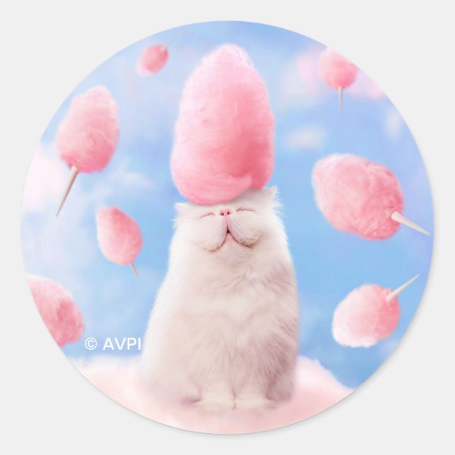 Cat With Cotton Candy Hair Classic Round Sticker (Front)
