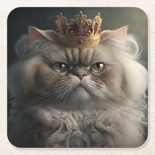cat with crown square paper coaster (Front)