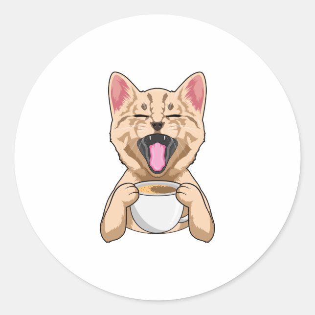 Cat with cup of coffee classic round sticker (Front)