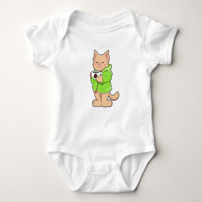 Cat with Cup of Coffee & Pajamas Baby Bodysuit (Front)
