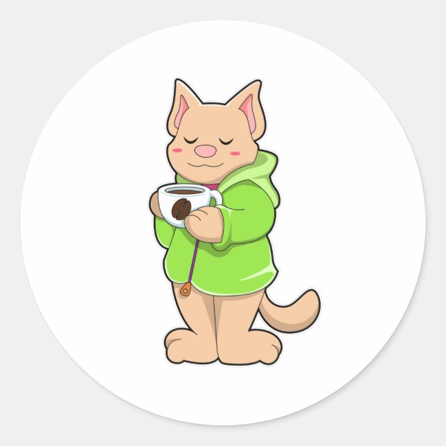 Cat with Cup of Coffee & Pajamas Classic Round Sticker (Front)