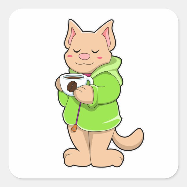 Cat with Cup of Coffee & Pajamas Square Sticker (Front)