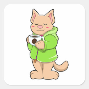 Cat with Cup of Coffee & Pajamas Square Sticker