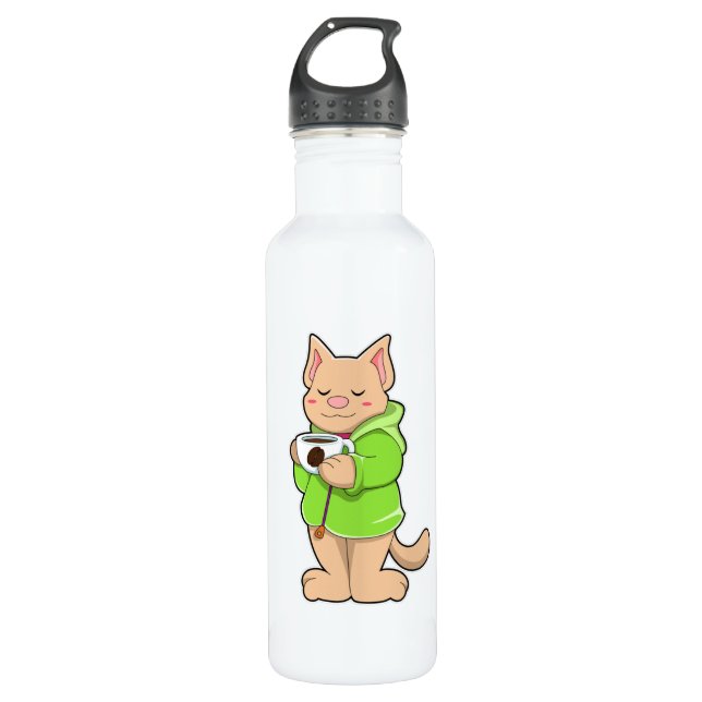 Cat with Cup of Coffee & Pajamas Stainless Steel Water Bottle (Front)