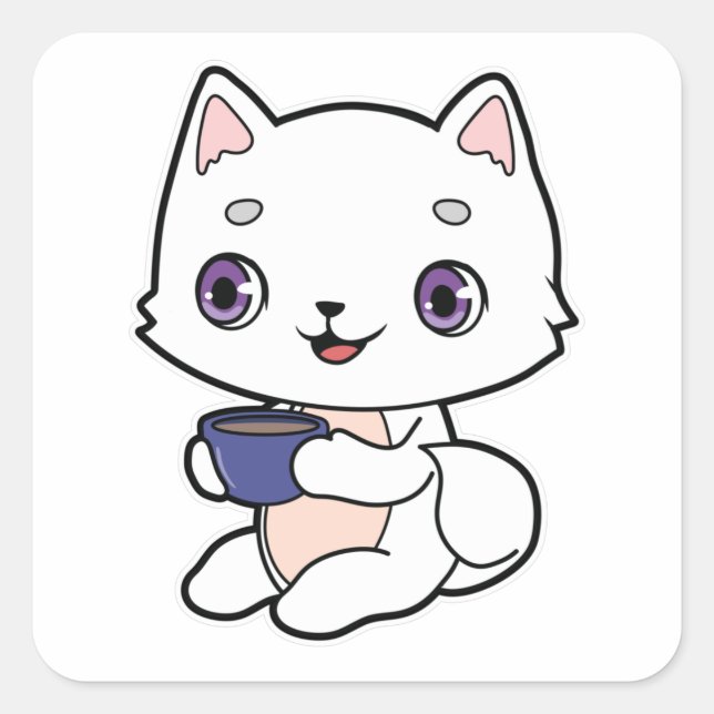 Cat with Cup of Coffee Square Sticker (Front)