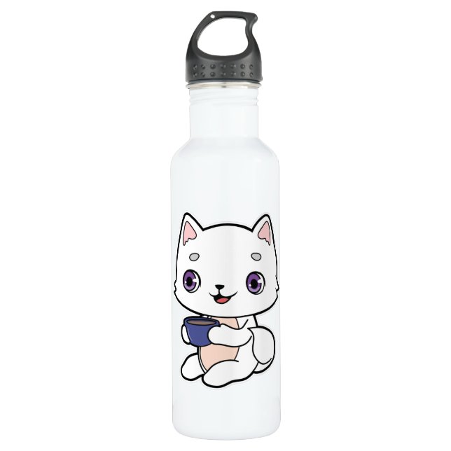 Cat with Cup of Coffee Stainless Steel Water Bottle (Front)