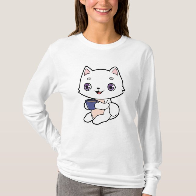 Cat with Cup of Coffee T-Shirt (Front)