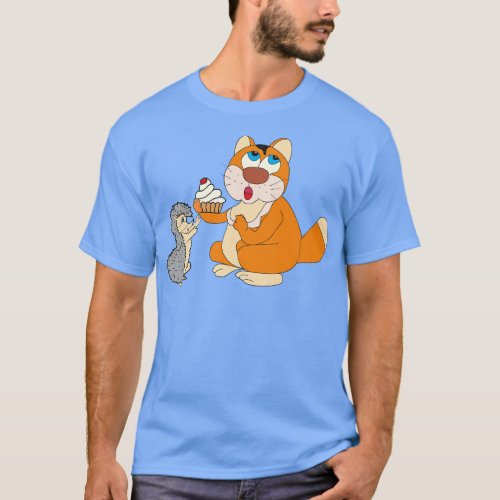 Cat with cupcake and hedgehog T_Shirt