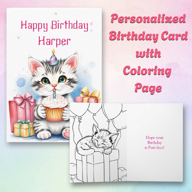 Cat with Cupcake Coloring Page Birthday Card (Creator Uploaded)