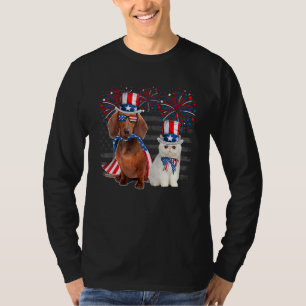 Cat With Dachshund Sunglasses American Flag 4th Of T-Shirt