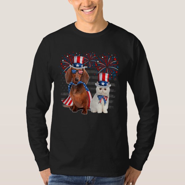 Cat With Dachshund Sunglasses American Flag 4th Of T-Shirt (Front)