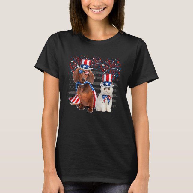 Cat With Dachshund Sunglasses American Flag 4th Of T-Shirt (Front)