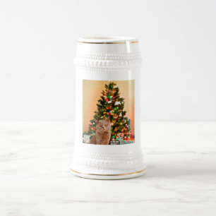 Cat with Decorated Christmas Tree and Gift Boxes Beer Stein