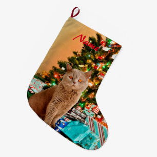 Cat with Decorated Christmas Tree and Gift Boxes Large Christmas Stocking