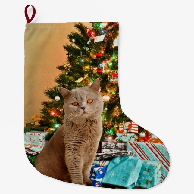 Cat with Decorated Christmas Tree and Gift Boxes Large Christmas Stocking (Front)