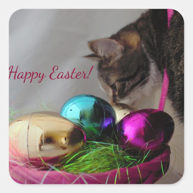Cat with Easter Basket Square Sticker (Front)