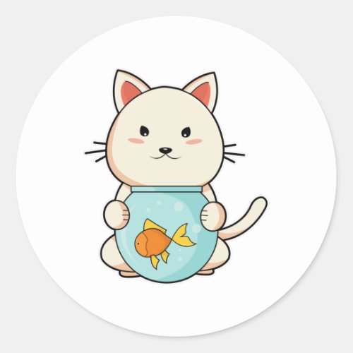 Cat with Fish in Glass Classic Round Sticker