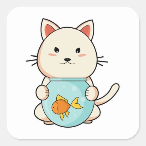 Cat with Fish in Glass Square Sticker