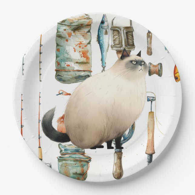 Cat with Fishing Equipment for Fishing Lovers Paper Plates (Front)