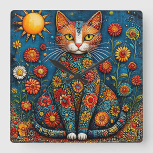 🌸 Cat With Floral Body nature-inspired aesthetic Square Wall Clock