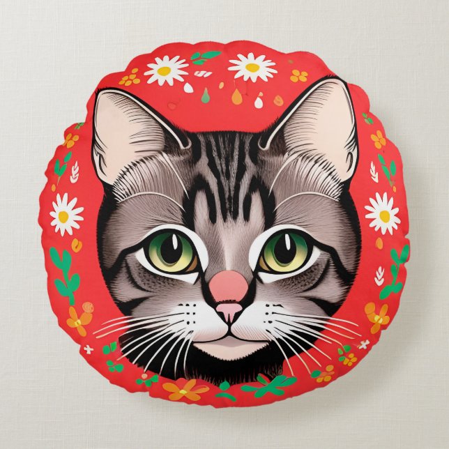 Cat With Floral Headpiece Round Pillow (Front)