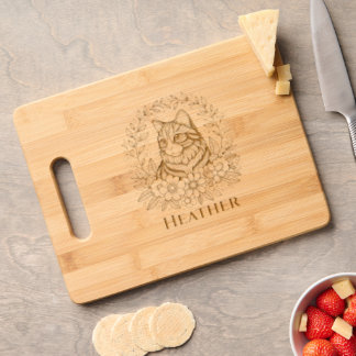 Cat with Floral Wreath Custom Charcuterie Engraved Cutting Board