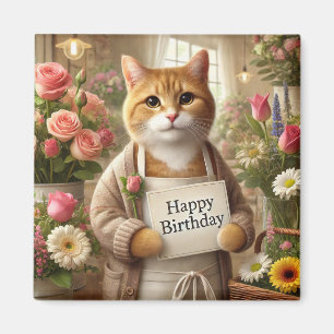 Cat with flower Happy Birthday sign Magnet