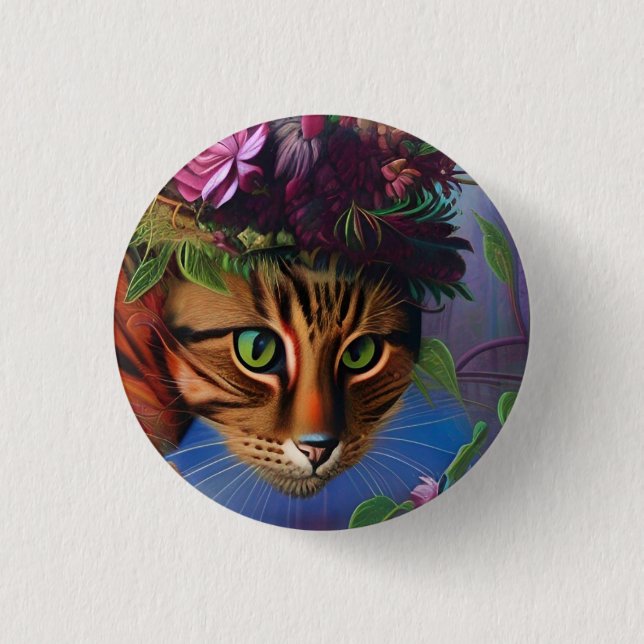 cat with flower hat art   button (Front)