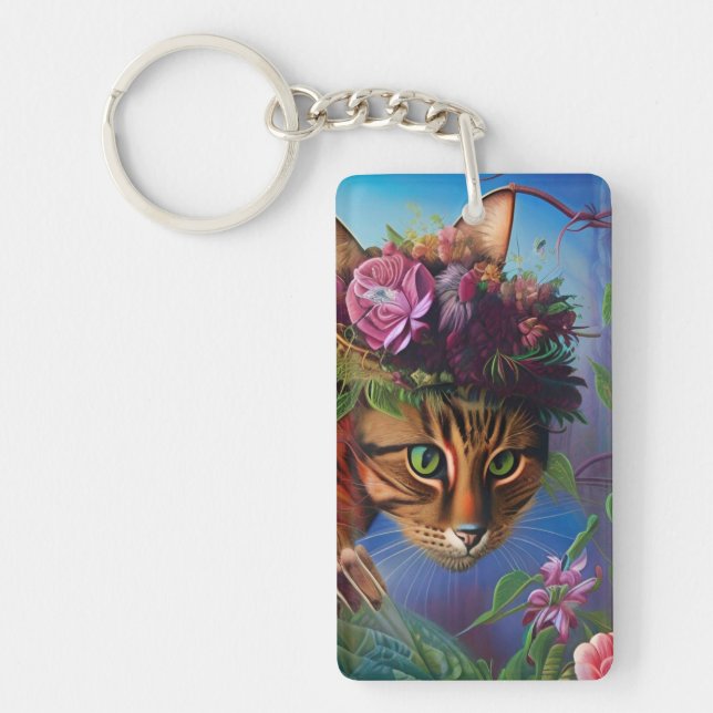 cat with flower hat art  keychain (Front)