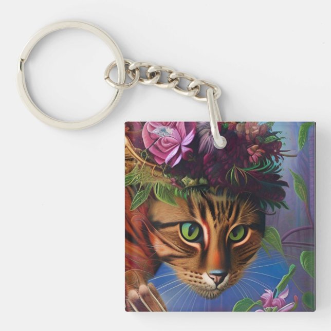 cat with flower hat art    keychain (Front)