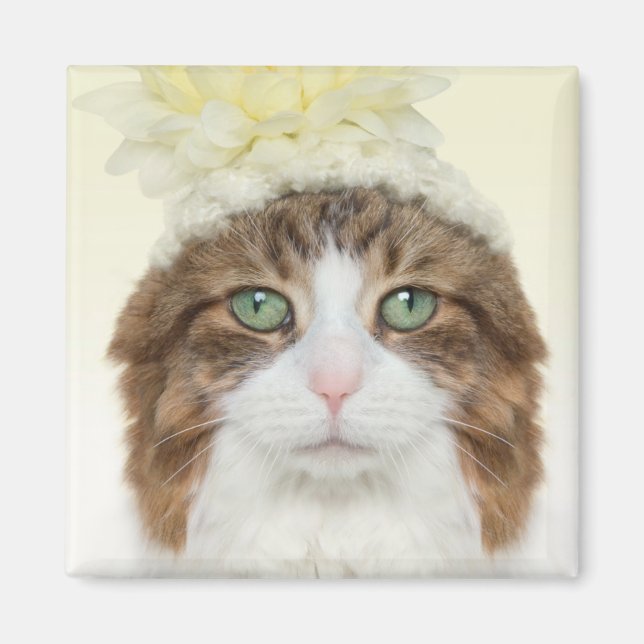 Cat With Flower Hat Magnet (Front)