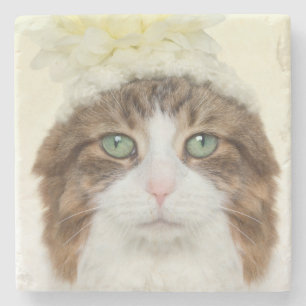 Cat With Flower Hat Stone Coaster