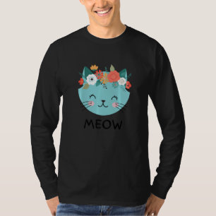 Cat With Flower Head Wreath Floral Cat Outline   T-Shirt