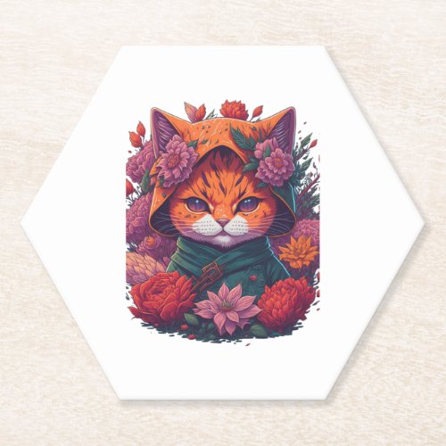 cat with flowers  2 paper coaster